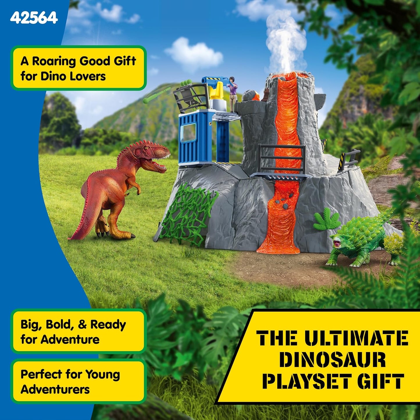 Schleich Dinosaurs - 60PC Volcano Expedition Base Camp Playset - Dinosaur Toy Playset with LED, Smoke Erupting, Dino Figurines for Boys and Girls - Interactive for Kids Ages 5+ | 42564