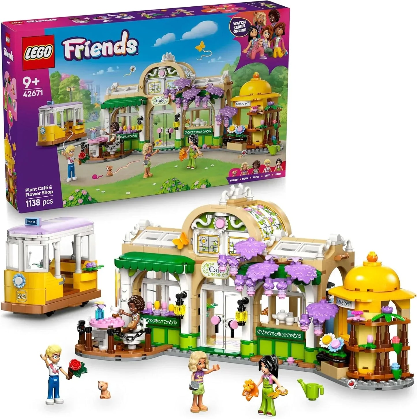 LEGO Friends 42671 Plant Café & Flower Shop Toy - Building Set with 4 Mini Dolls, a Cat Figure, a Tram and Kitchen Accessories incl. Pastries, Cups & a Teapot - Birthday Gift for 9+ Year Old Girls