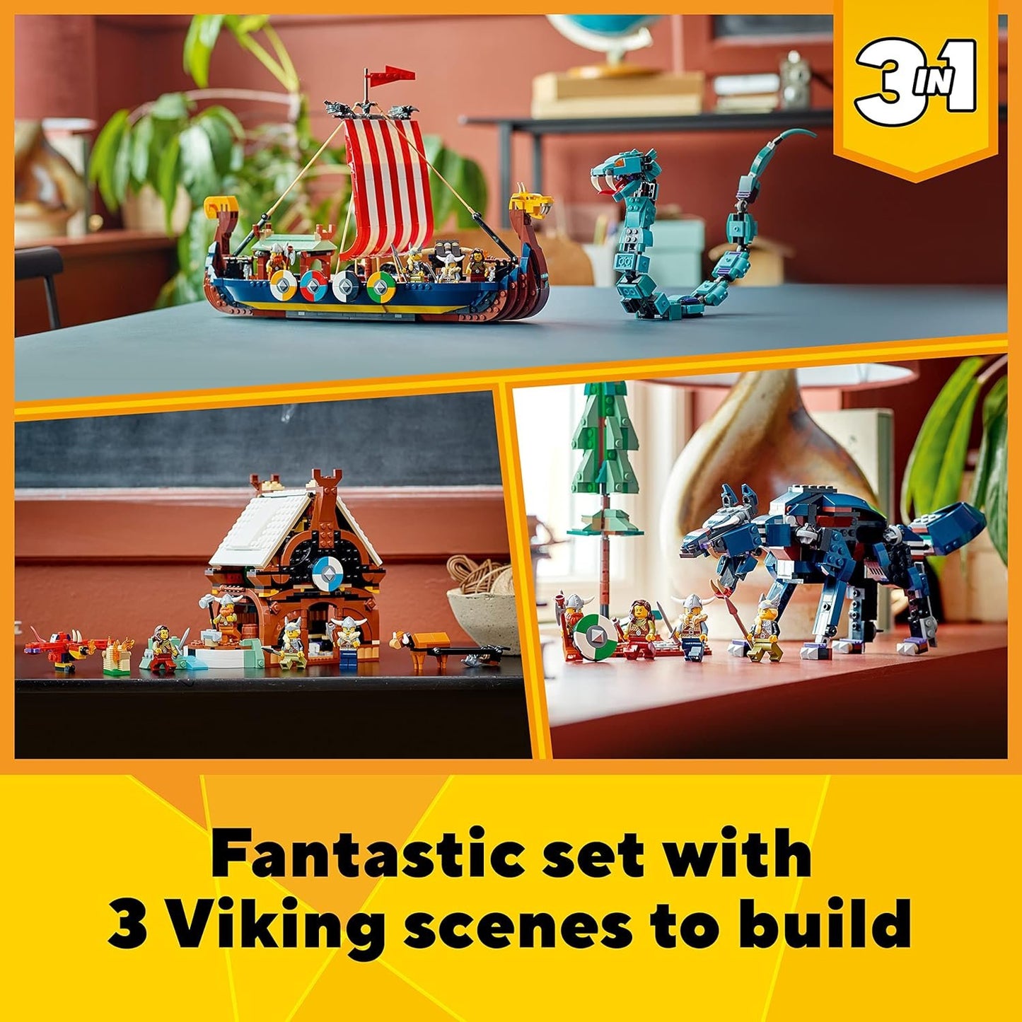 LEGO Creator 3in1 Viking Ship&amp;The Midgard Serpent 31132 Building Kit (1,192 Pcs),Multicolor