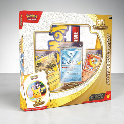 Pokemon TCG 30th Celebration Poster Collection – Articuno, Zapdos & Moltres | 3 Foil Promo Cards + 3 Booster Packs + Double-Sided Poster