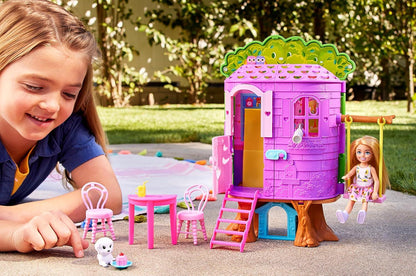 Barbie Chelsea Doll and Treehouse Playset with Pet Puppy, Dollhouse Includes Furniture and Slide, 10+ Accessories - Jaiman Toys