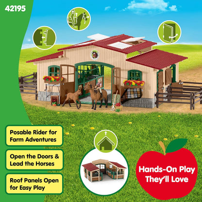 Schleich Farm World - 43PC Stable Playset with Horse Figurines -  Kids 3+ | 42195 | Farm Animal Figurine, Realistic Animal Toys, Barn Toy for Kids 3+, Montessori