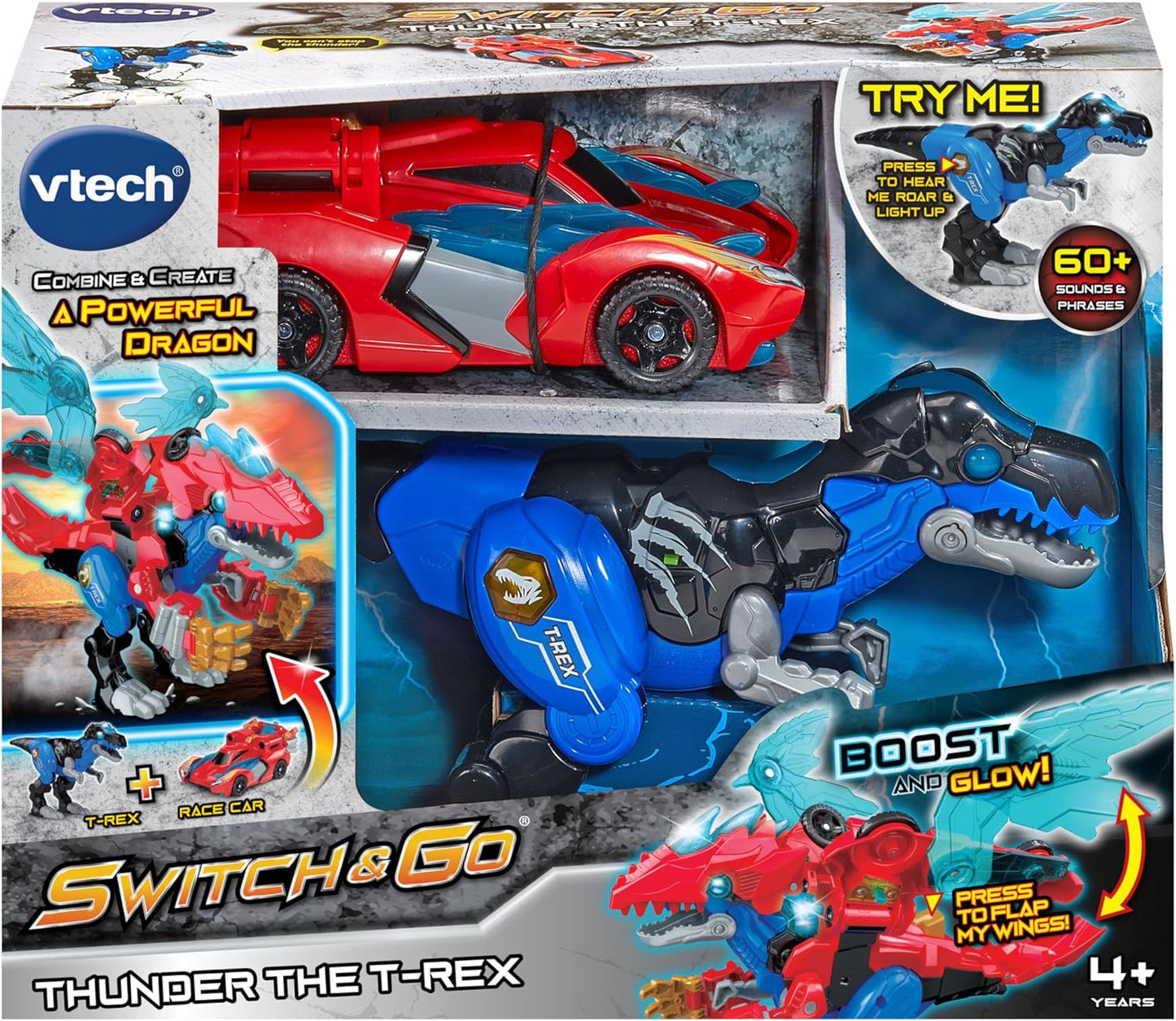 VTech Switch & Go Boost Thunder the T-Rex | 2-in-1 Transforming T-Rex, Race Car & Powerful Dragon | Lights, Sounds & Interactive Dinosaur Toy for Kids 4+ Years