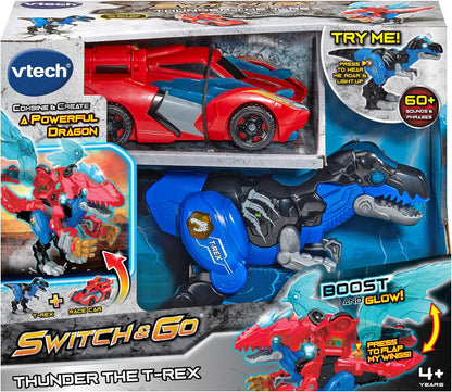 VTech Switch & Go Boost Thunder the T-Rex | 2-in-1 Transforming T-Rex, Race Car & Powerful Dragon | Lights, Sounds & Interactive Dinosaur Toy for Kids 4+ Years