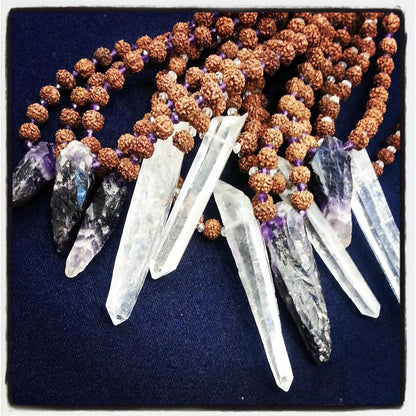 Maha Mala Amethyst & Rudraksha 108 Beads Healing Mala – 6mm Rudraksha, 3.5mm Amethyst with Raw Crystal | Handmade in India