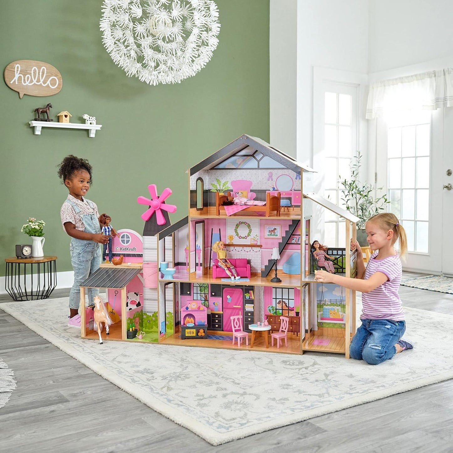 Windmill Elevator 2-in-1 Wooden Barn & Dollhouse with Horse and Lights & Sounds, Over 3 Feet Tall, Pink