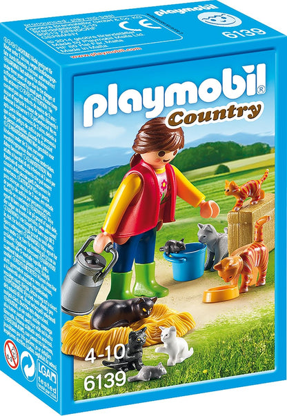 (Box Damaged) Playmobil 6139 Country Woman with Cat Family Playset | Farm Animal Toy with Woman Figure, 6 Cats & Accessories | Creative Role Play Toy for Kids Ages 4-10 Years | Multicolor