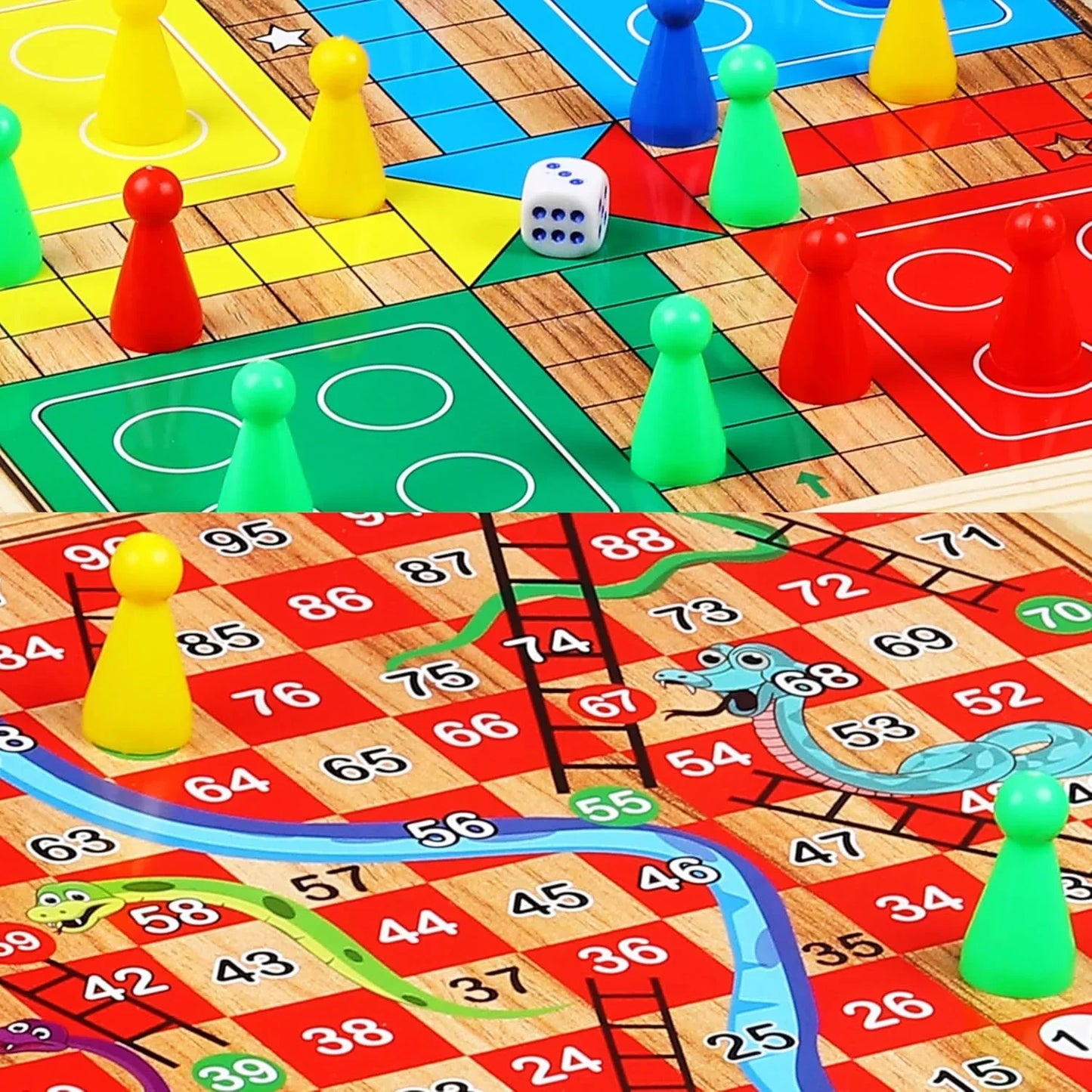 Toyaffair 2-in-1 Wooden Board Game – Ludo & Snakes & Ladders Portable Family Game Set