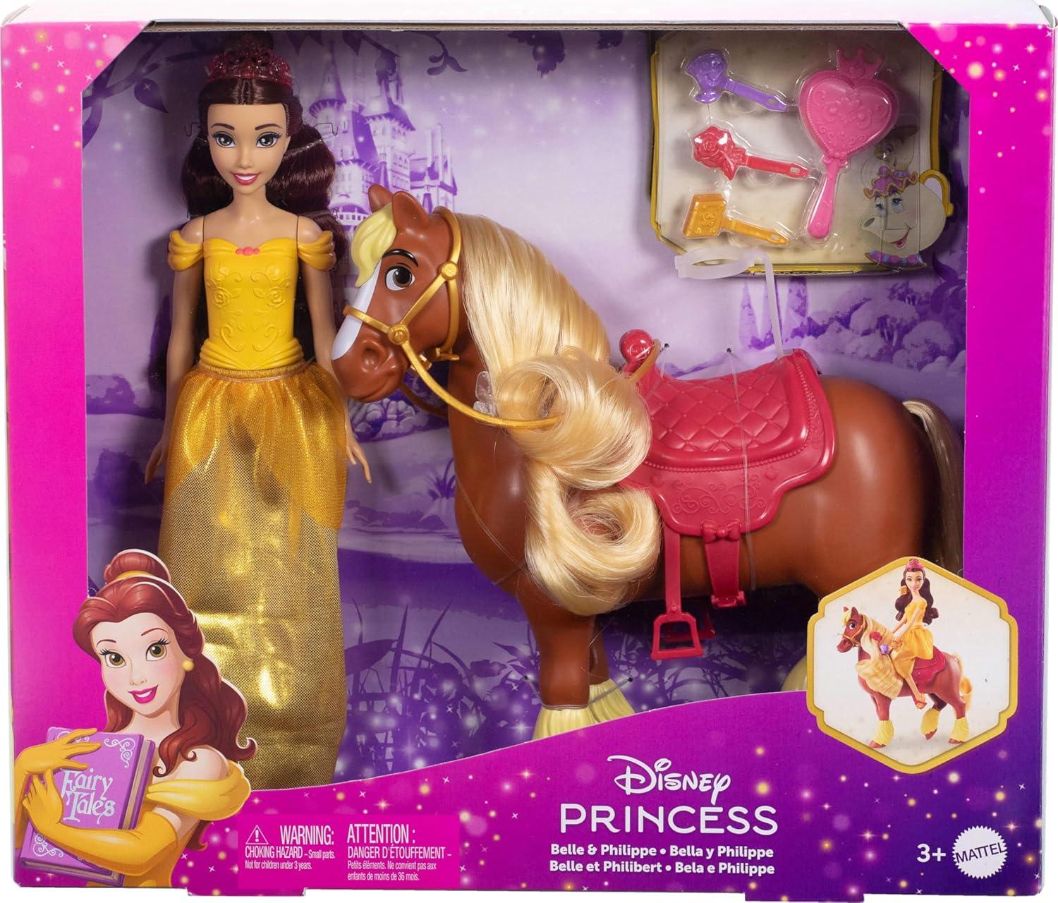 Disney Princess Belle Philippe Horse Set Mattel Fashion Doll with  Styling Accessories Brushable Mane