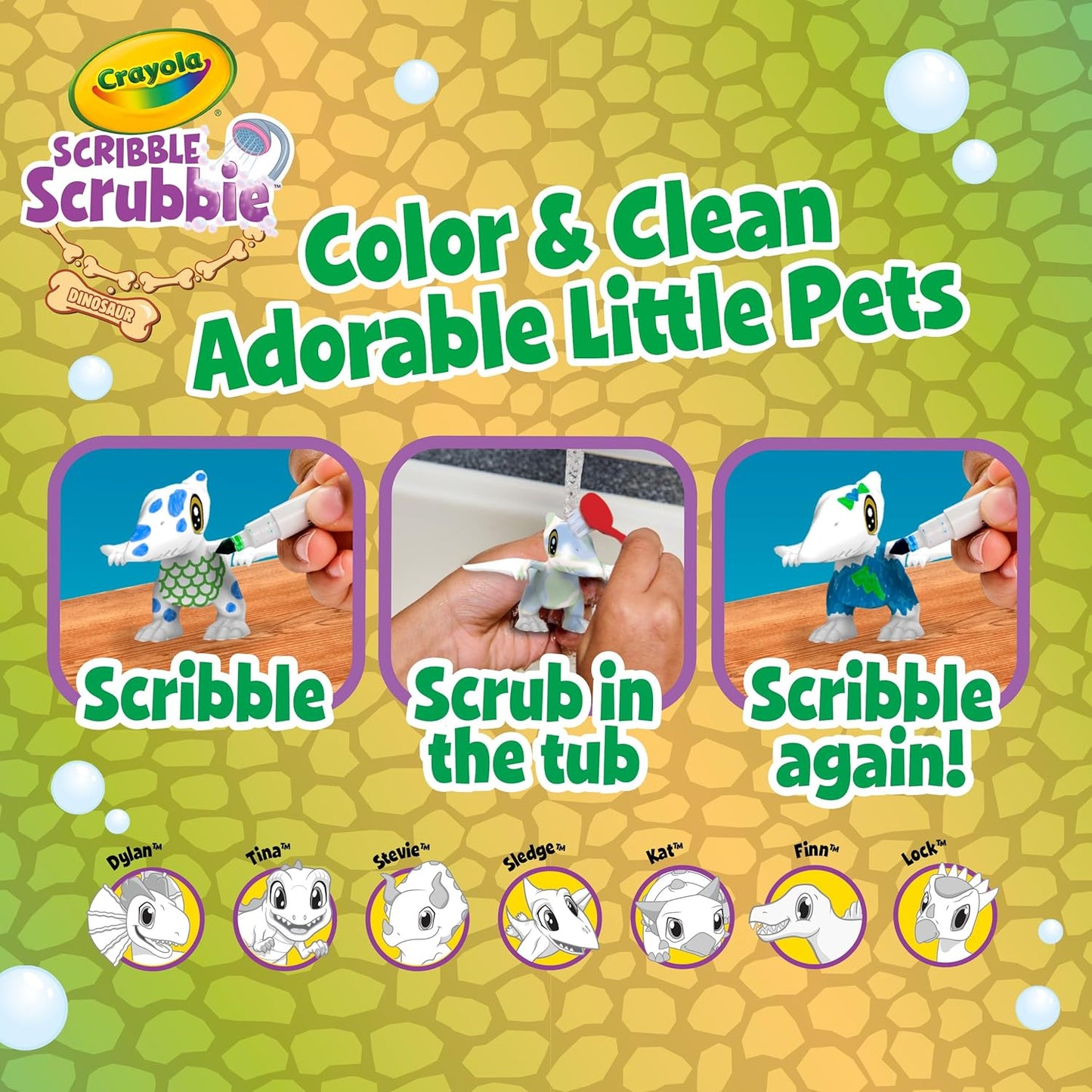 Crayola Scribble Scrubbie Dino Pets Coloring Playset with Washable Markers & Scrub Brush – Reusable Colour & Wash Dinosaur Toy for Kids (4+ Years)