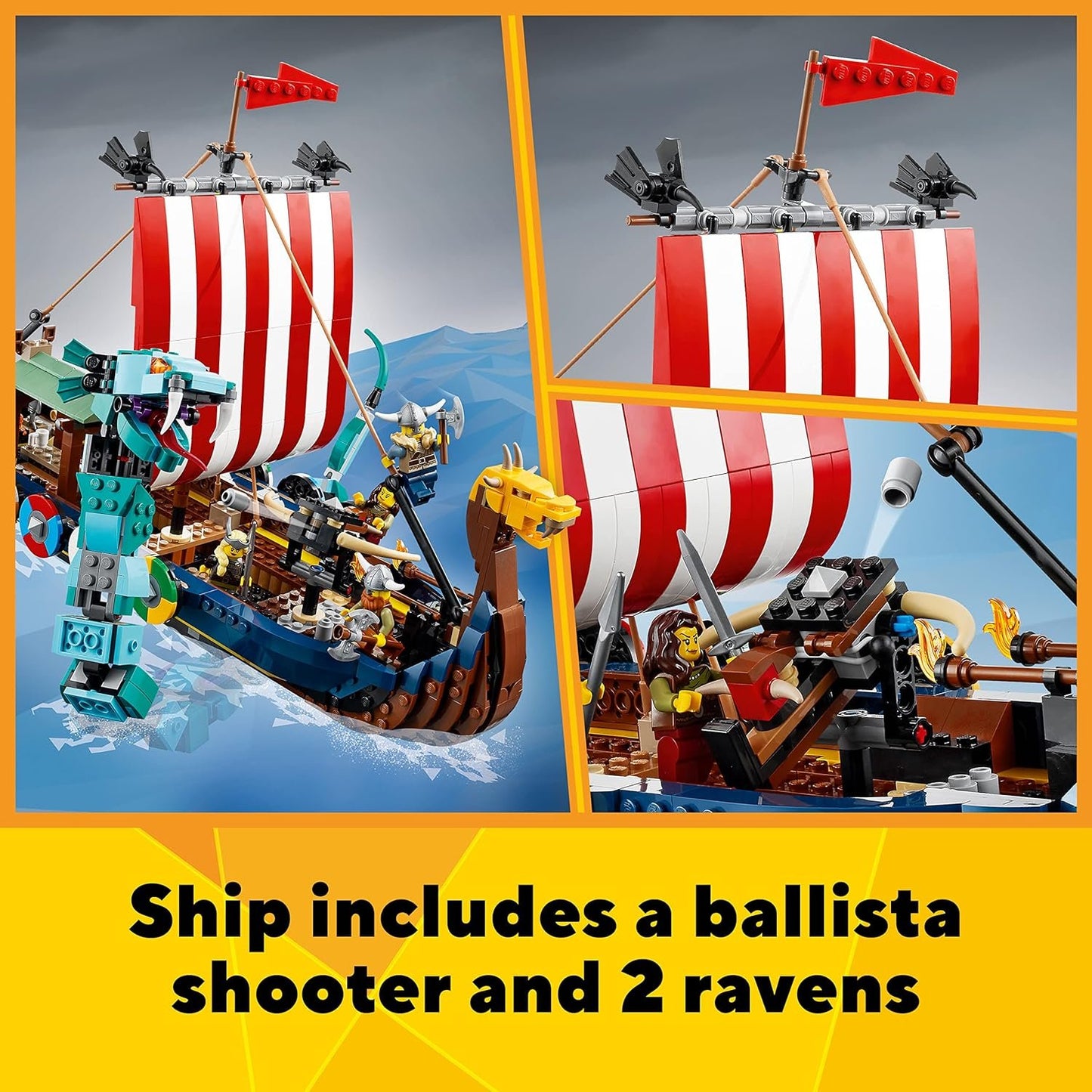 LEGO Creator 3in1 Viking Ship&amp;The Midgard Serpent 31132 Building Kit (1,192 Pcs),Multicolor