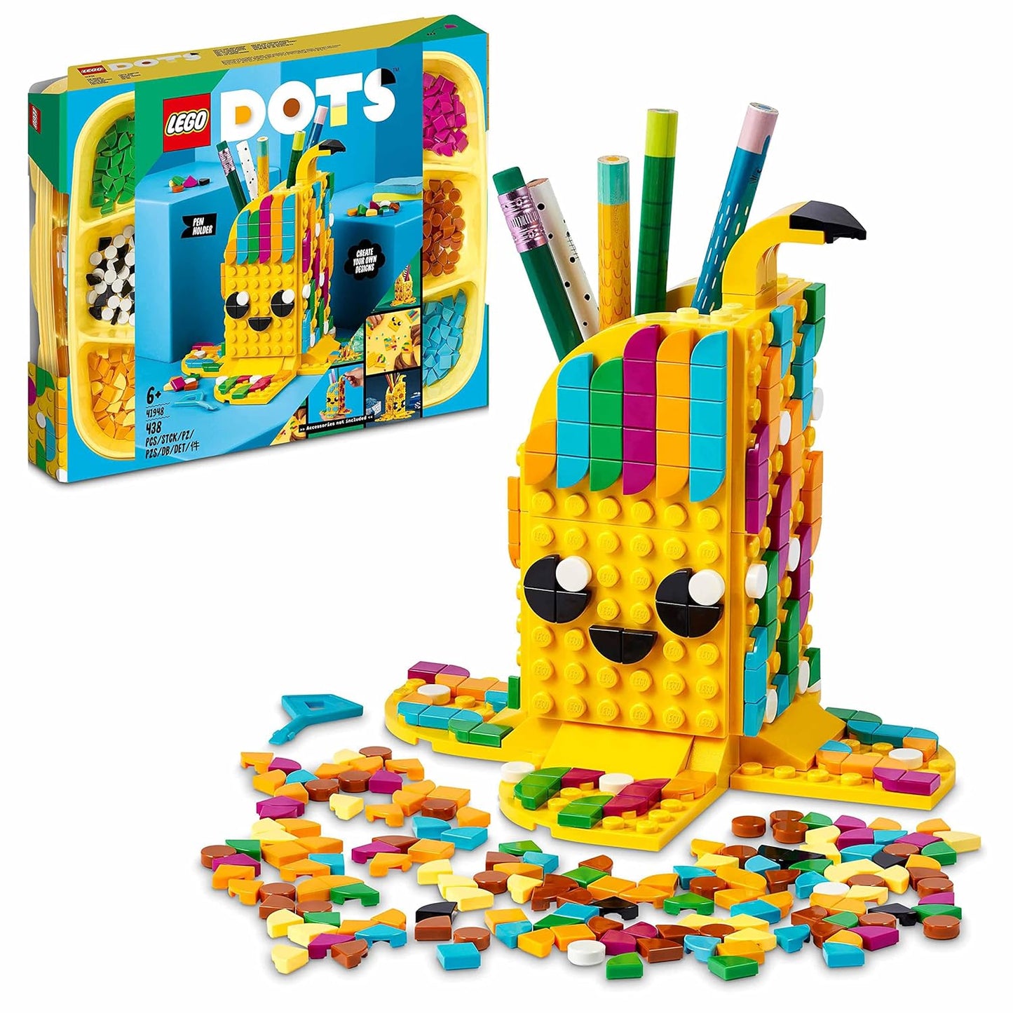 LEGO 41948 DOTS Cute Banana – Pen Holder DIY Craft Kit, Colorful Tiles (438 Pieces)