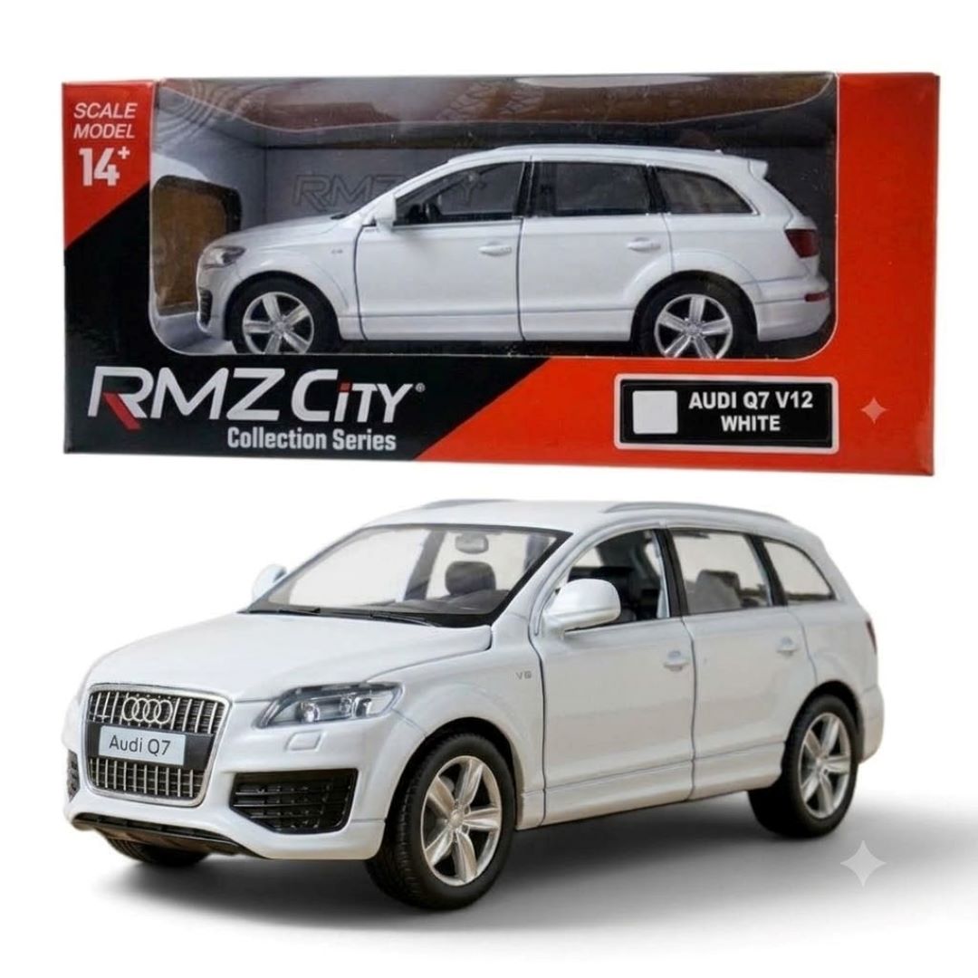 RMZ City Audi Q7 V12 1:32 Scale Die-Cast Model SUV – Metallic Blue & White Collectible Luxury Car with Opening Doors, Pull-Back Action