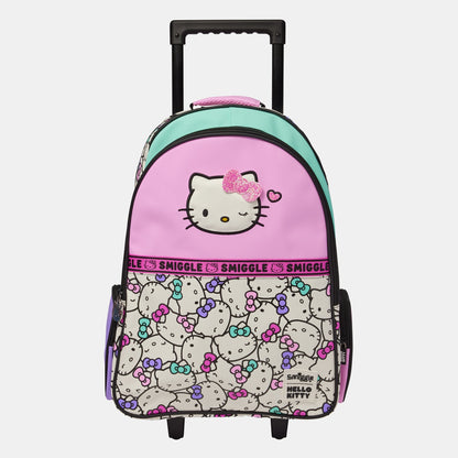 Smiggle Hello Kitty 18-Inch Trolley Backpack with Retractable Handle, Rolling Wheels, Glitter Bow and Character Print for Kids – Pink, Mint & White