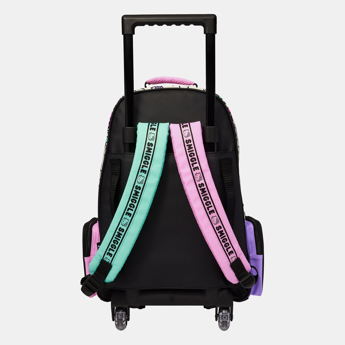 Smiggle Hello Kitty 18-Inch Trolley Backpack with Retractable Handle, Rolling Wheels, Glitter Bow and Character Print for Kids – Pink, Mint & White