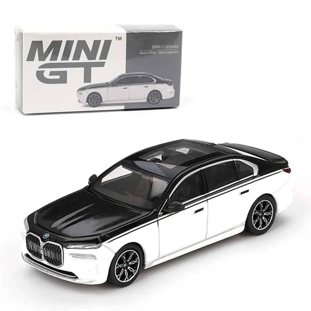 Mini GT BMW i7 xDrive60 – Alpine White / Black Sapphire | 1:64 Scale RHD Diecast Model Car - Jaiman Toys
