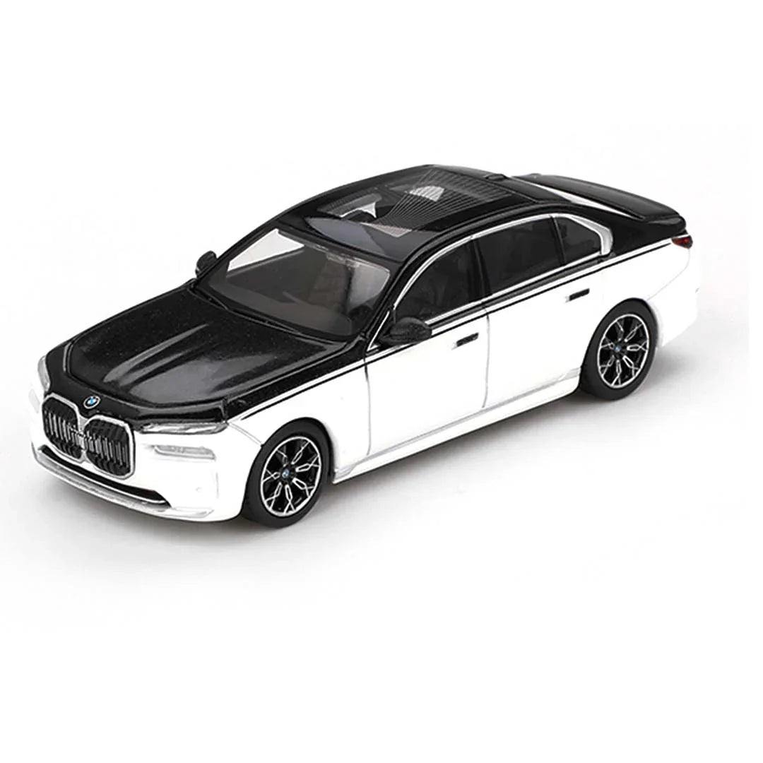 Mini GT BMW i7 xDrive60 – Alpine White / Black Sapphire | 1:64 Scale RHD Diecast Model Car - Jaiman Toys