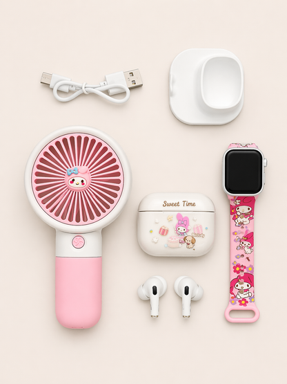 4-in-1 Kids Gift Set – Mini Handheld Fan, Smart Watch, TWS Earbuds & Charging Case (TWS-K55) Pink