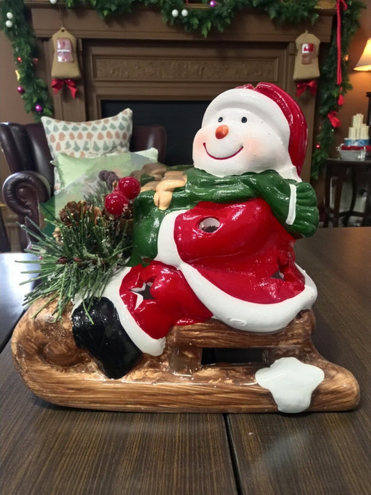 Ceramic Santa on Sled Christmas Figurine – Festive Table Décor with Pinecones & Berries | Holiday Home Decoration (1 Piece)