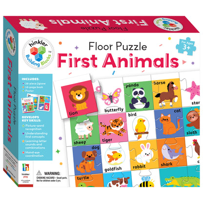 Hinkler Building Blocks Floor Puzzle First Animals | 28-Piece Educational Animal Jigsaw Puzzle with 16-Page Activity Book & Poster | Learning Puzzle for Kids Ages 3+