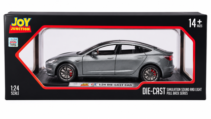 Joy Junction 1:24 Scale Tesla Model 3 Die-Cast Car Model with Sound & Light – Pull Back Metal Collectible Toy Car (Silver Grey)
