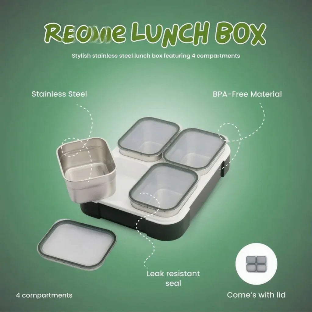 Stainless Steel Kids Lunch Box 1060ML – 4 Compartment Bento Box with Tableware & Insulated Bag | Leakproof, BPA-Free & Dishwasher Safe