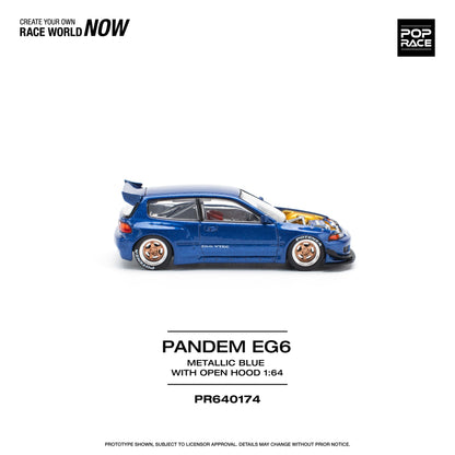 POP RACE 1:64 Pandem Honda Civic EG6 Metallic Blue with Opening Hood Diecast Model Car | PR640174 | Official Licensed Collectible
