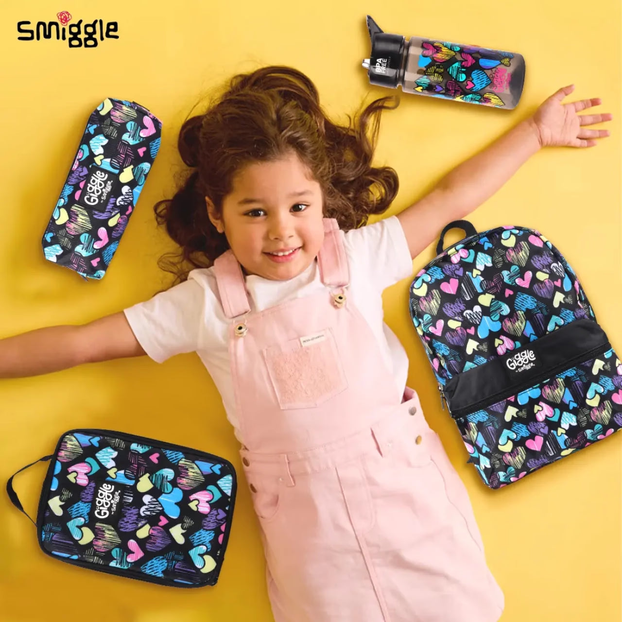 Smiggle Giggle Heart Print Bundle Set (4 Pieces) – Backpack, Lunch Bag, Pencil Case & Water Bottle for Kids 3+