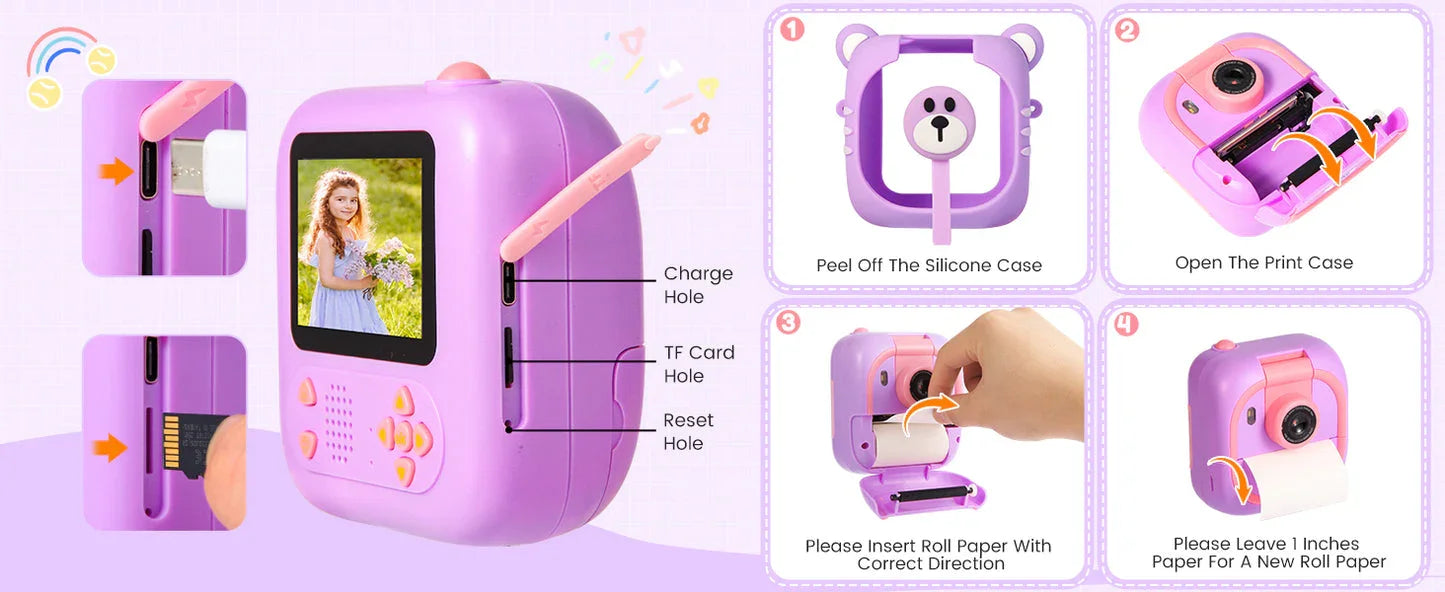 Instant Print Kids Camera – 48MP 1080P Video Toy with Rotating Lens &  Rolls - Purple