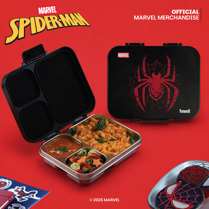Basil Marvel Spider-Man 1000ml Stainless Steel Bento Lunch Box – Phantom Web | 3-Section Kids Tiffin Box
