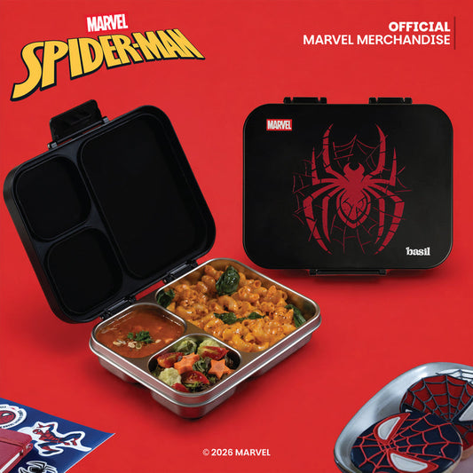 Basil Marvel Spider-Man 1000ml Stainless Steel Bento Lunch Box – Phantom Web | 3-Section Kids Tiffin Box