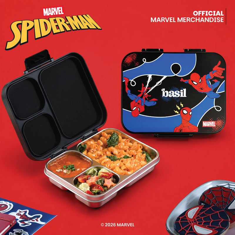 Basil Marvel Spider-Man 1000ml Stainless Steel Bento Lunch Box – Sling Strike | 3-Section Kids Tiffin Box
