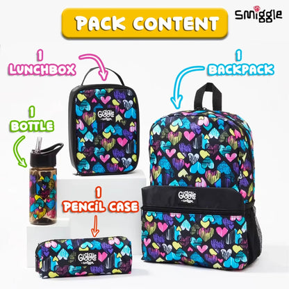 Smiggle Giggle Heart Print Bundle Set (4 Pieces) – Backpack, Lunch Bag, Pencil Case & Water Bottle for Kids 3+