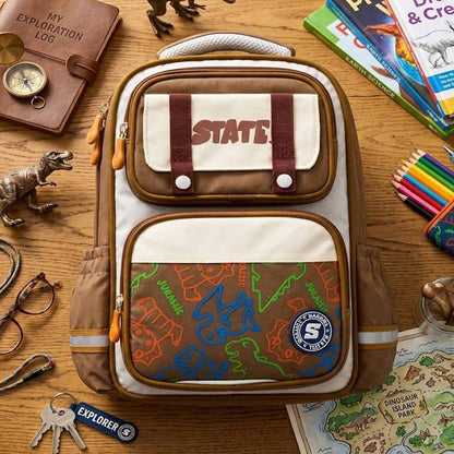 State Dinosaur School Backpack 16Inch | Kids School Bag with Multiple Compartments, Reflective Strips & Side Bottle Pockets