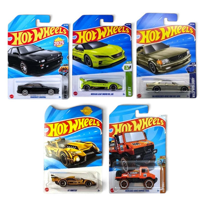 Hot Wheels 2025 5-Car Die-Cast Set 1:64 – Maserati Shamal, Nissan Leaf Nismo RC_02, ’89 Mercedes-Benz 560 SEC AMG, GT Hunter & Unimog 1300L