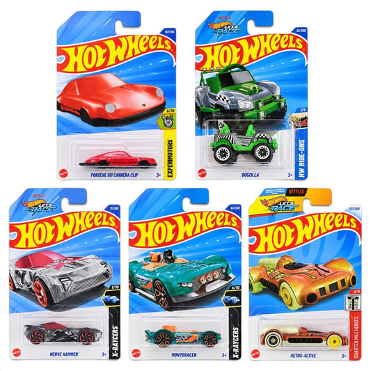 Hot Wheels 1:64 5-Car Die-Cast Set – Porsche 911 Carrera Clip, Bogzilla, Nerve Hammer, Monteracer & Retro-Active