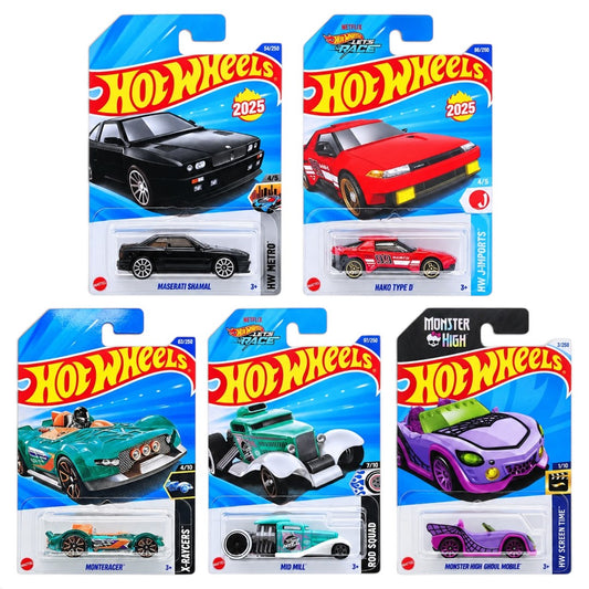 Hot Wheels 1:64 5-Car Die-Cast Set – Maserati Shamal, Hako Type D, Monteracer, Mod Mill & Monster High Ghoul Mobile
