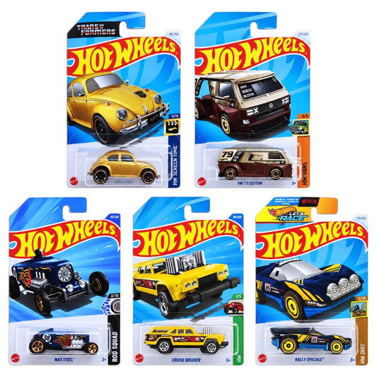 Hot Wheels 1:64 5-Car Die-Cast Set – Bumblebee, VW T3 Custom, Max Steel, Cruise Bruiser & Rally Speciale