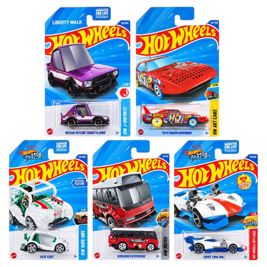 Hot Wheels 1:64 5-Car Die-Cast Set – Nissan Skyline 2000GT-R LBWK, ’70 Plymouth Superbird, Kick Kart, Kowloon’d Hypervan & Super Twin Mill