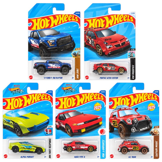 Hot Wheels 1:64 5-Car Die-Cast Set – ’17 Ford F-150 Raptor, Pontiac Aztek Custom, Alpha Pursuit, Hako Type D & Lil’ Roar