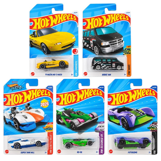 Hot Wheels 1:64 5-Car Die-Cast Set – ’91 Mazda MX-5 Miata, Dodge Van, Super Twin Mill, RD-06 & Futurismo