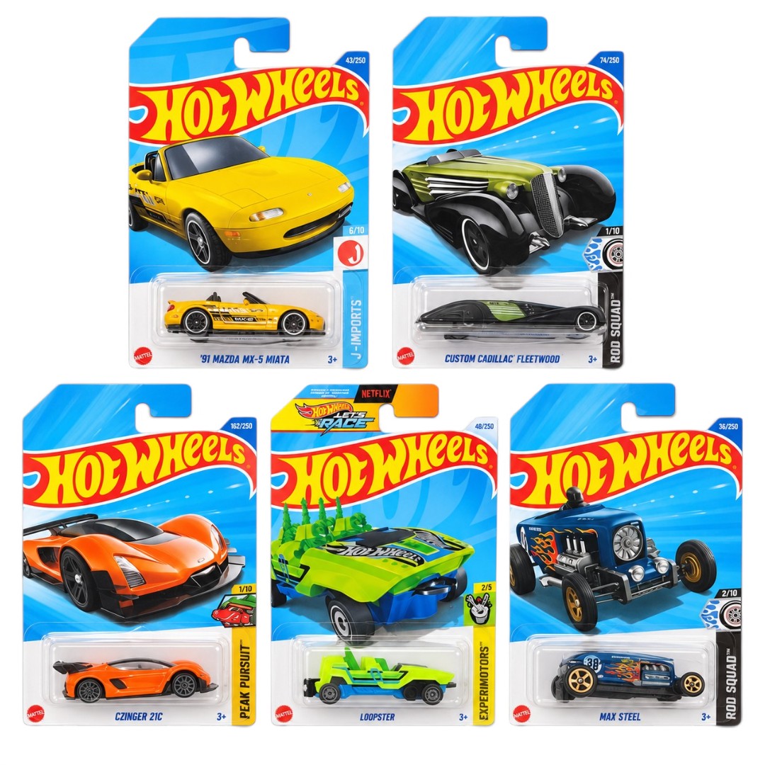 Hot Wheels 1:64 5-Car Die-Cast Set – ’91 Mazda MX-5 Miata, Custom Cadillac Fleetwood, Czinger 21C, Loopster & Max Steel