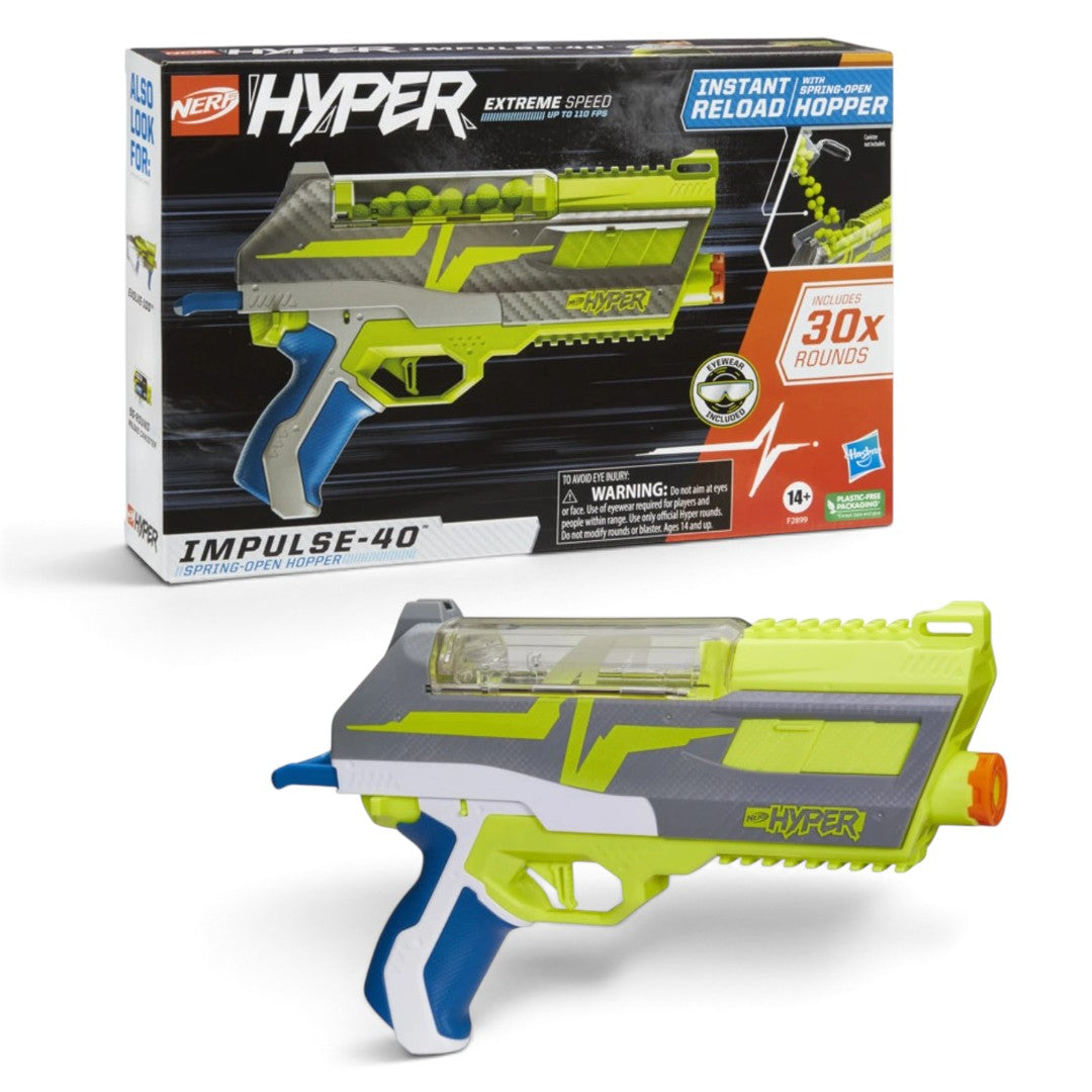 Nerf Hyper Impulse-40 Blaster – 30-Round Capacity with Spring-Open Reload & Eyewear