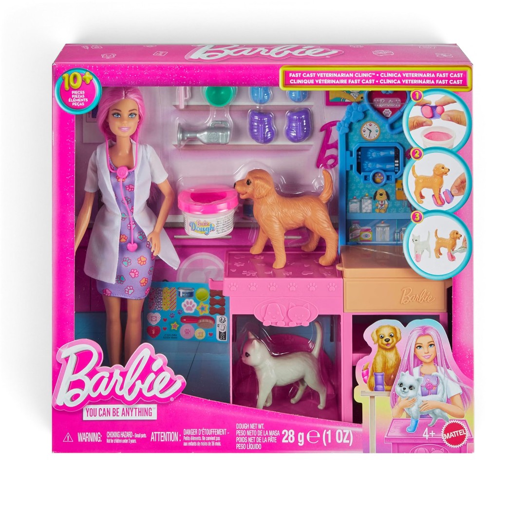 Barbie Fast Cast Veterinarian Clinic Playset | Pet Vet Doll with Dog, Cat & Dough Cast Feature