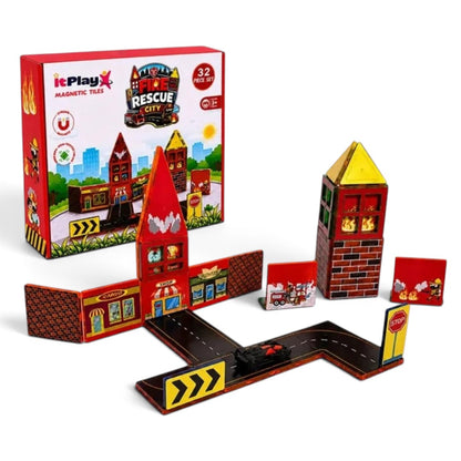 ItPlay Magnetic Tiles Fire Rescue City Set | 32-Piece STEM Building Toy with Road Track & Car