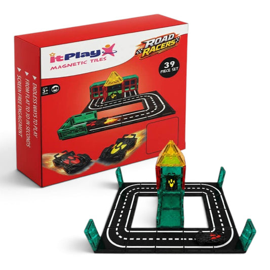 ITPLAY Road Racer Theme Magnetic Tiles 39 Pcs Educational Construction Building Set for Kids