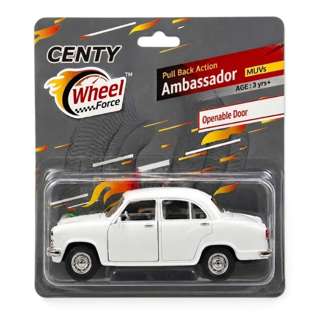 CENTY Ambassador Pull Back Toy Car White | Openable Doors | Classic Indian Sedan Toy for Kids 3+