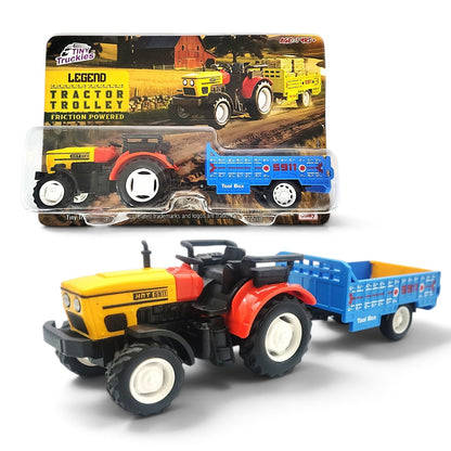 Centy Tractor Trolley Toy (Blue Trailer) | Friction Powered Farm Tractor with Detachable Cargo Trailer for Kids Age 3+