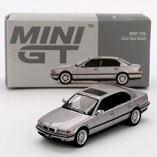 MINI GT 1:64 BMW 750iL Aspen Silver Metallic Diecast Model Car – Luxury Sedan Collectible with Display Box