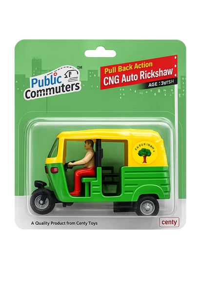 Centy Public Commuters CNG Auto Rickshaw Pull Back Toy with Open Side Entry | Friction Powered | Green & Yellow | Ages 3+